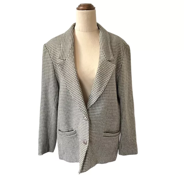 Vintage Grey White 80s 90s Houndstooth Blazer Jacket Wool Size 14