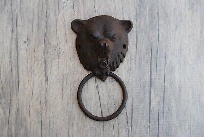 Vtg Grizzly bear Head cast Iron door gate Chest Ring Pull drop Handle Knocker