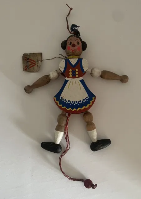 Vintage Austria Wooden Jumpin Jill Puppet Pull String Toy Ornament