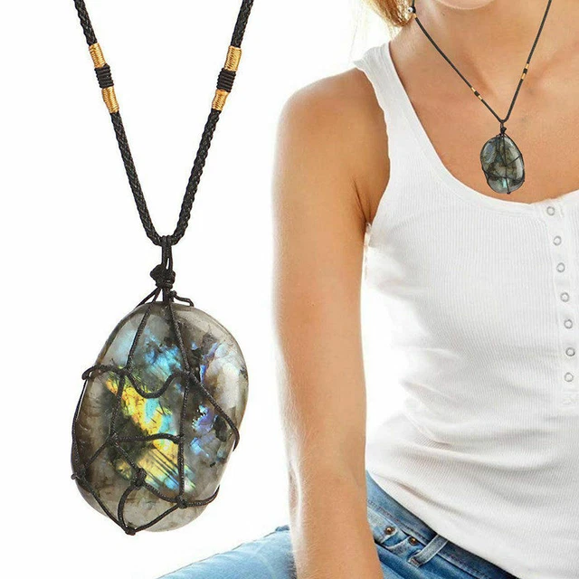 Natural Labradorite Quartz Crystal Pendant Wrap Pocket Gemstone Necklace Healing