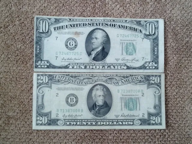 1950 Series A&B $10/$20 Ten/Twenty Dollar Combo Notes, Crisp, Vf++, Mixed-Issued