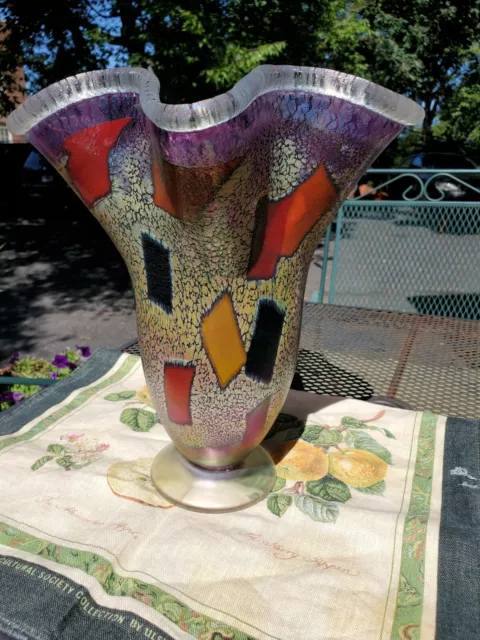 Venice Murano Glass Millefiori Fazzoletto Vase - Silver Purple signed