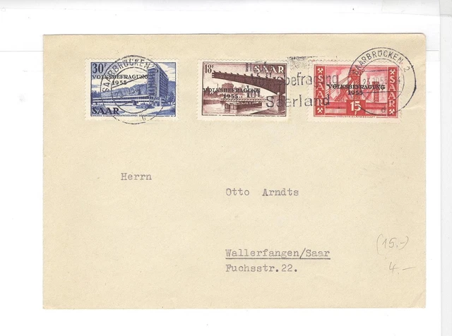 Ganzsache Brief, Teilumschlag, 3 x Briefmarke Saar, Volksbefragung 1955