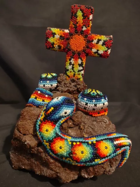 Beautiful Huichol Tribe Bead Art 6 ½” Cross Snake Lava Rock
