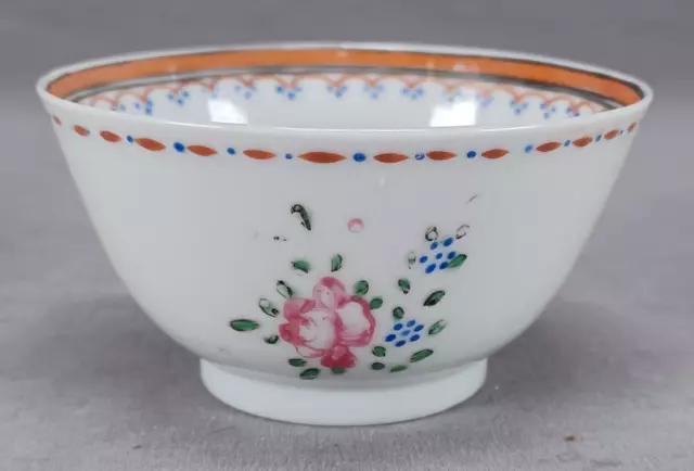 18th Century Chinese Export Hand Painted Floral Orange & Blue Trim Tea Bowl