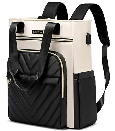 Laptop Backpack for Women, Large Wide Open with USB Charging 15.6 Inch Beige
