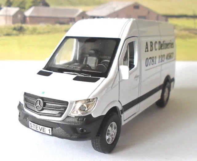 PERSONALISED PLATES & COMPANY NAME White Mercedes Sprinter Van Toy Model Present