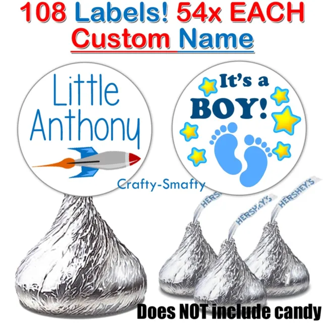 Custom Name Boy Baby Shower Stickers fits Hershey Kisses Labels Blue Space Theme