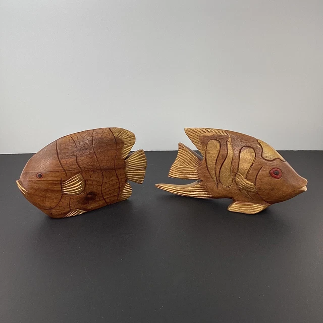 Set of two MCM vintage wood carved fish with gold tone accents