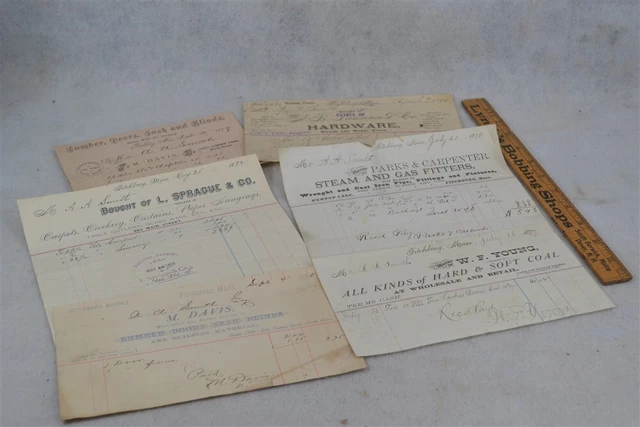 antique 19th paper receipts Fitchburg Mass 1870-1892 hardware coal furniture lot