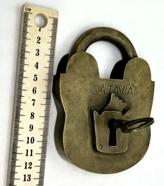 Vintage Padlock & Key BATAVIA large old lock solid brass heavy 2