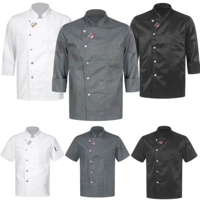 Mens Shirts Comfortable Chef Coat Cook Jacket Stand Collar Tops Botton Uniform