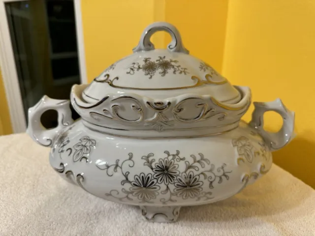 LF Limoges PRC Fine Porcelain 14” Huge Covered Tureen w/Platinum Decor~Estate