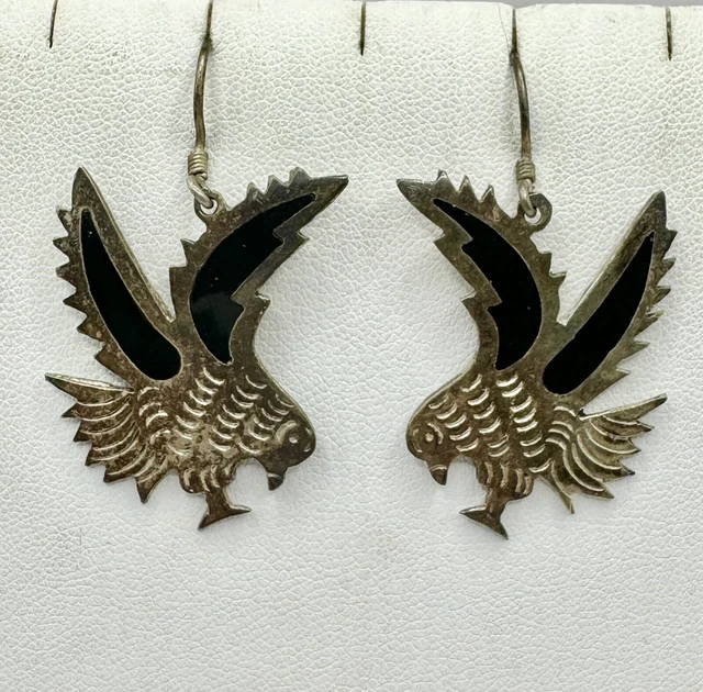 Vintage Taxco Mexican Sterling Silver Eagle Inlaid  Onyx Hook Pierced Earrings