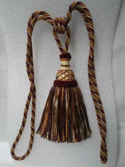 2 Resin Top, Ribbon TIE-BACKS 9" - WINE RED/BURNT ORANGE/BEIGE - Drapery Trim