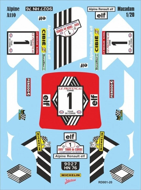 Planche Décalcomanie Rallye Miniature 1/16 Alpine Renault A110 Tour De Corse 1976