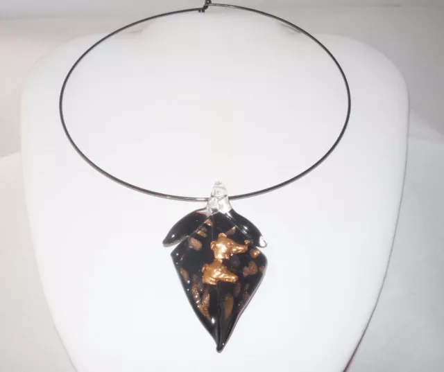 Black Artglass Pendant w 2 Copper Greyhound Profiles, Black Steel Neckring 2