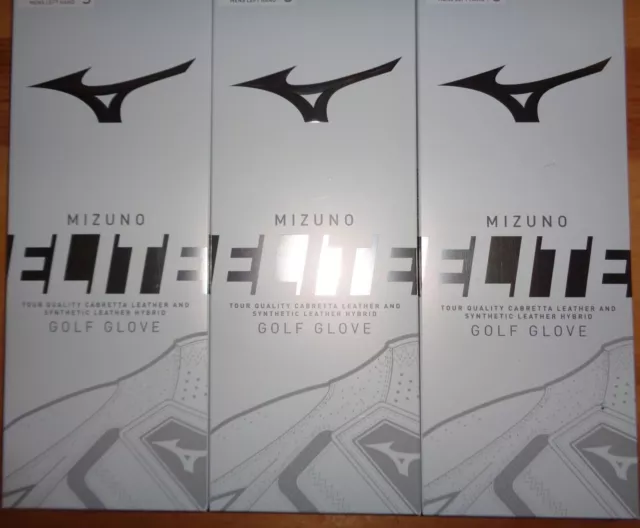 THREE (3) New MENS Mizuno ELITE Golf Gloves, PICK A SIZE, WHITE/BLACK
