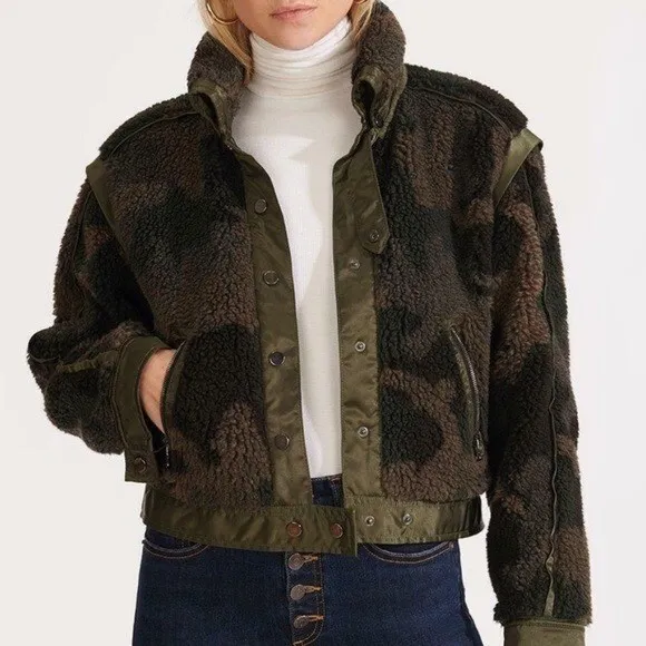 Veronica Beard Anita Camo Olive Green Fleece Sherpa Coat Jacket XL