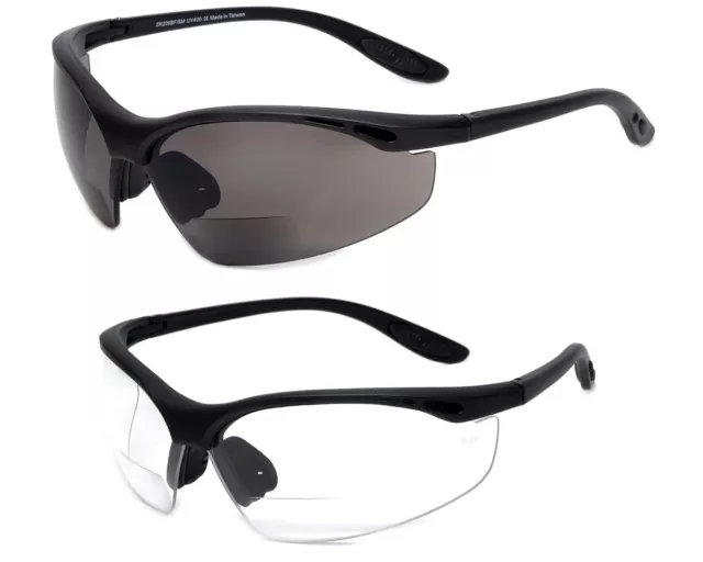 Calabria 91348 Wrap Around Bifocal Safety Glasses +1.00 Clear Smoke 2 Pack Bulk