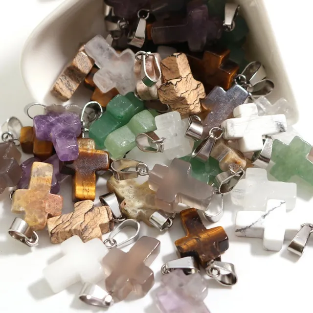 Small Cross Healing  pendant Natural Crystal Reiki Stone Charms Beads mix 50pc