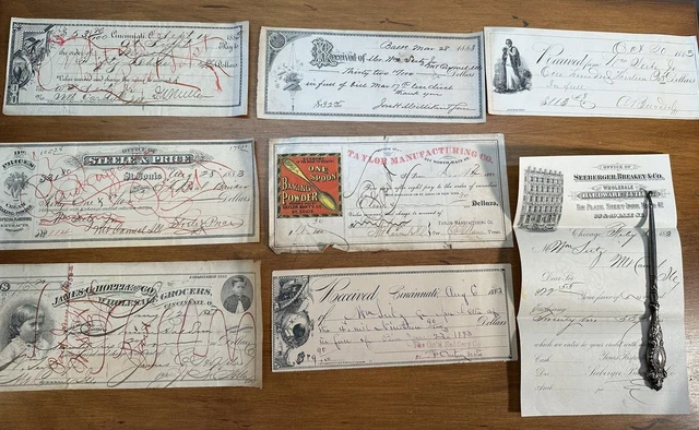 Lot of 8 Antique Receipts Ephemera 1883 Letterhead Graphics 1 Color Grocery IL
