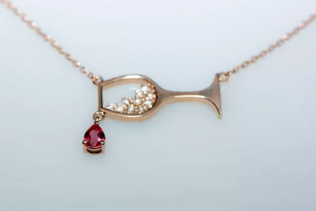 Red Wine Glass Pendant 0.25Ct Round Diamond & Ruby 14k Rose Gold Over with Chain