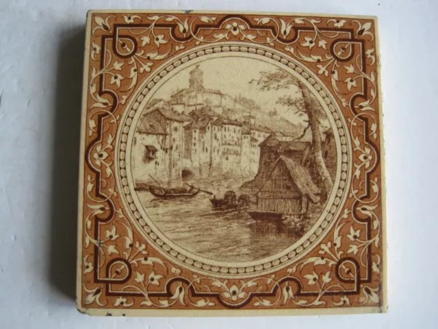 ANTIQUE VICTORIAN MINTONS L.T. SWETNAM LANDSCAPE TILE  - TOWN & RIVER c1890