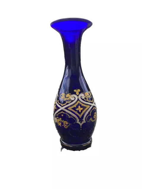 Victorian Bristol Blue Blown Glass Vase Hand Painted