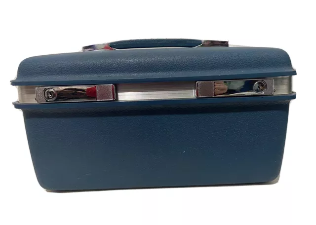 Samsonite Saturn Train Case Makeup Carrier Stone Blue Mirror Tray Keys hard