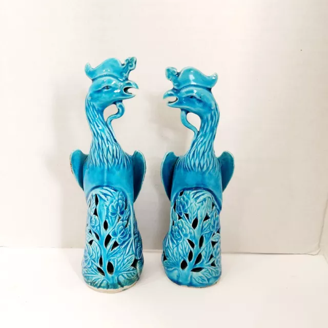 19th/20th C. Pair Chinese Export Sancai Turquoise Glaze Phoenix Birds 6.5" H