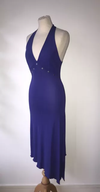 Mugler Sz L Purple V-Neck S/Less Eyelet Asymmetric Calf Length Stretch Dress