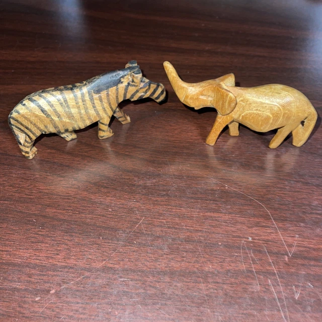 Hand Carved Wooden Animal Figurines Zebra & Elephant