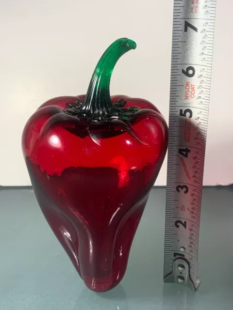 Hand Blown Art Glass Red Bell Pepper Applied Green Stem Solid Glass 6.5" Long