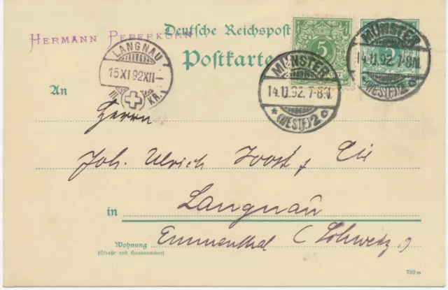 DT.REICH „MÜNSTER / (WESTF.) 2“ K2 5 Pf grün GA-Postkarte m Zusatzfrankatur 1892