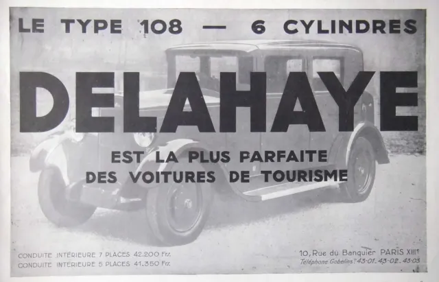 Publicité De Presse 1931 Delahaye 6 Cylindres Le Type 108 - Advertising