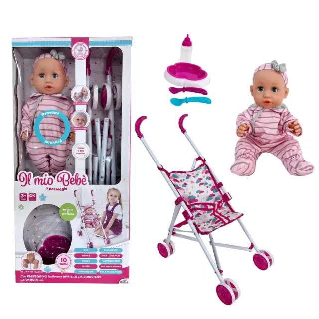 Il Mio Bebè Bambola Neonato 35cm Rosa Con Passeggino e set Pappa