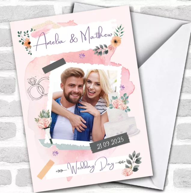 Wedding Day Scrapbook Rustic Photo Pink Cake Ring Personalised Card