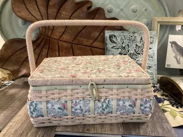 Vintage AZAR  Flower cottage core Top Woven Wicker Basket Sewing Box excellent