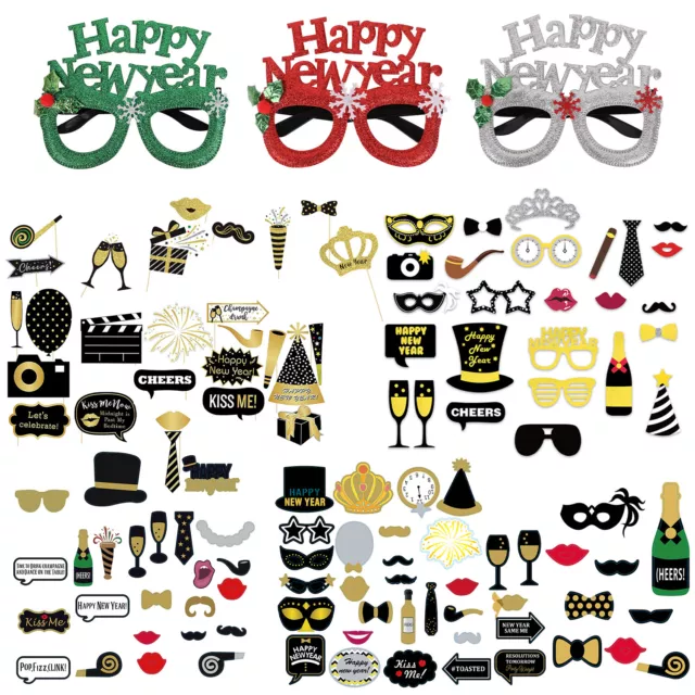 Happy New Year 2024 Party Photo Booth Props with Sticks Xmas Dinner Birthday