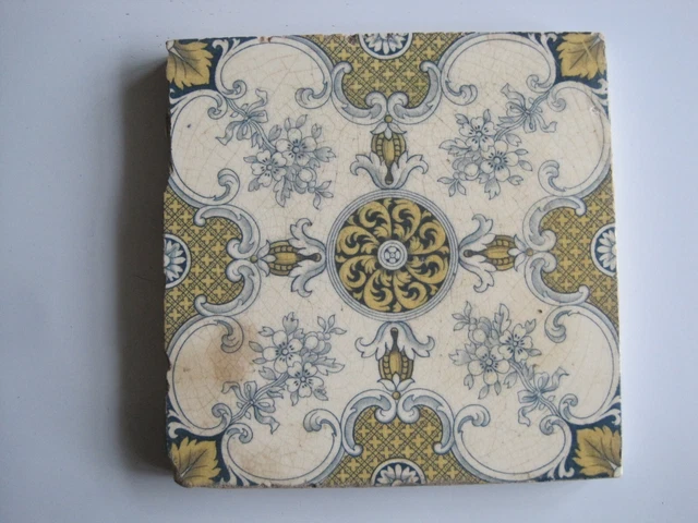 ANTIQUE VICTORIAN MINTONS QUEEN ANNE DESIGN TRANSFER PRINT 6" WALL TILE c1890