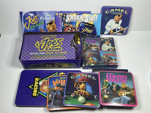 Vintage Joe Camel Racing Set Of 4 Cork Drink Coasters, Metal  Tin w matches