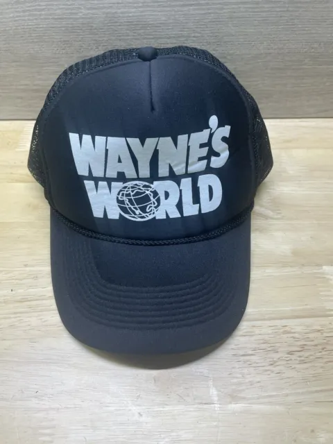VINTAGE Waynes World Snapback Trucker Hat Mesh Cap Black White Deadstock 90s EC