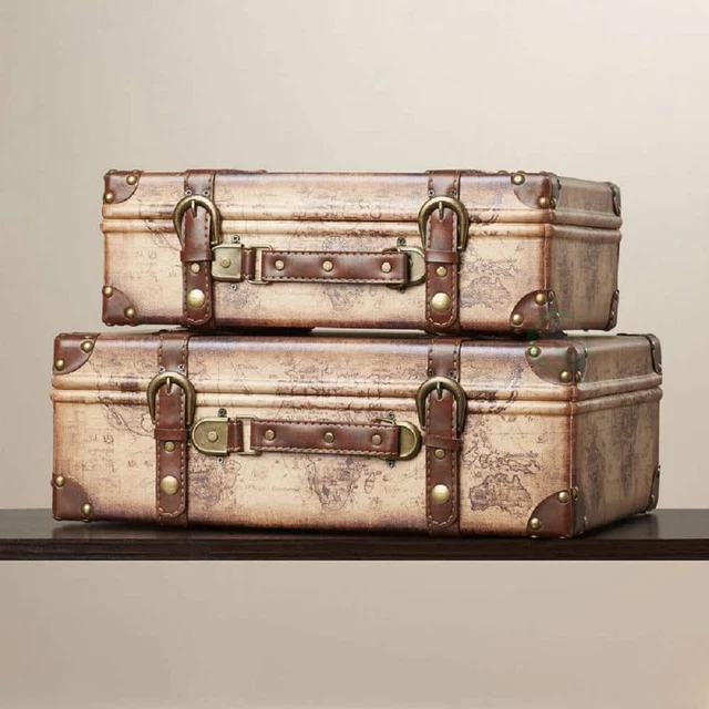 17 In. X 12 In. X 6 In. Wood and Faux Leather Old World Map Vintage Style Suitca
