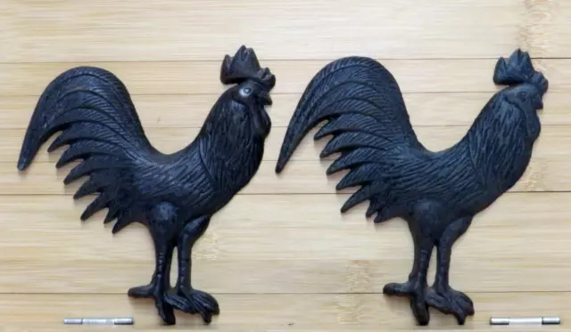 A Pair Of  Black Cast Iron Vintage  Roosters 5 1/2"T 4 1/2" W Pre-Owened