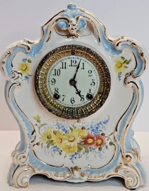 Antique Working ANSONIA "La Mure" Royal Bonn Victorian Porcelain Mantel Clock