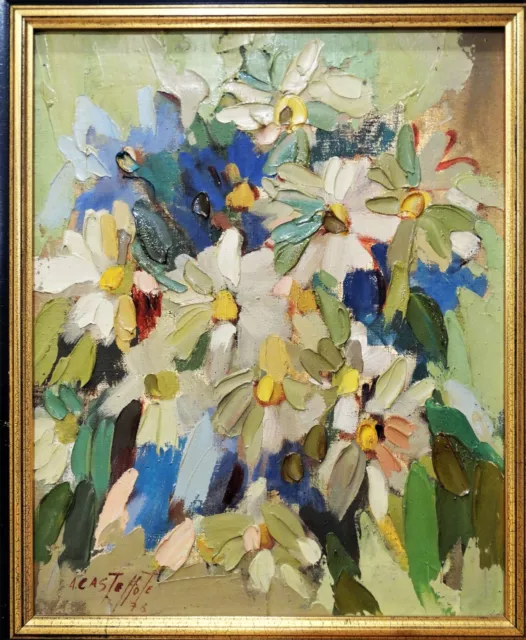 Un bonito cuadro abstracto de flores al óleo sobre lienzo, vintage de año 1976