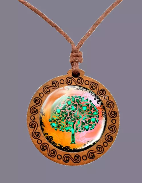 Necklace 3D Chain Lensbaum Pendant Charm Natural Wood/Cotton Orange