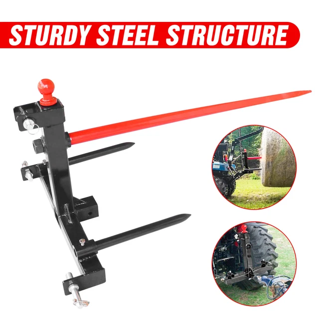 Cat 1 Tractor 3 Point Trailer Hitch 49" Hay Bale Spear 3000 lbs 2x17" Stabilizer