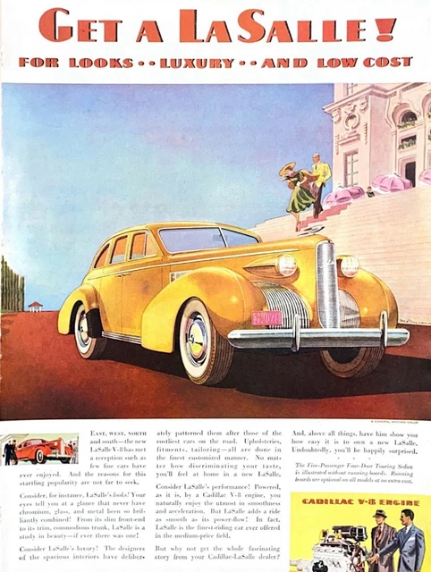 1938 Cadillac LaSalle Automobile Vintage Print Ad Looks Luxury And Low Cost